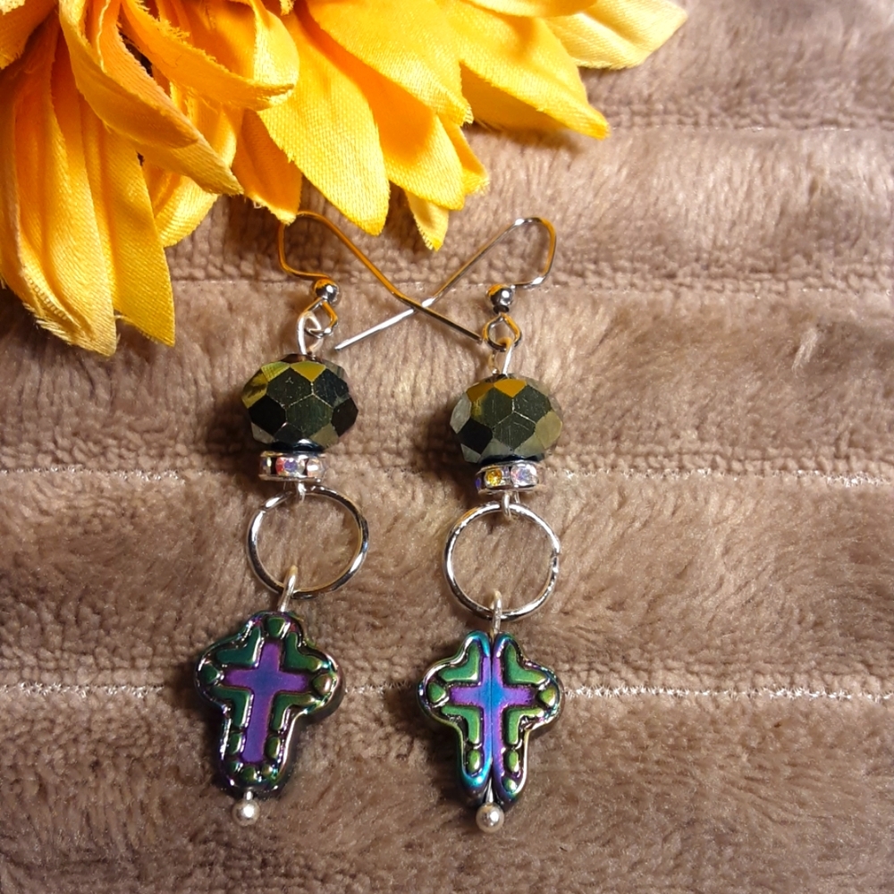 Handmade Cross Pierced Earrings Green Purple Color
